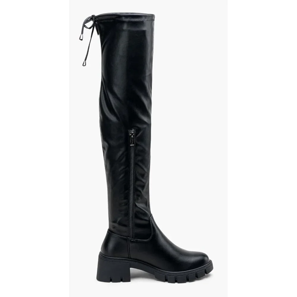 Women's Platform Boots-990-black Pu Over The Knee Thigh High Round Toe Long Boot